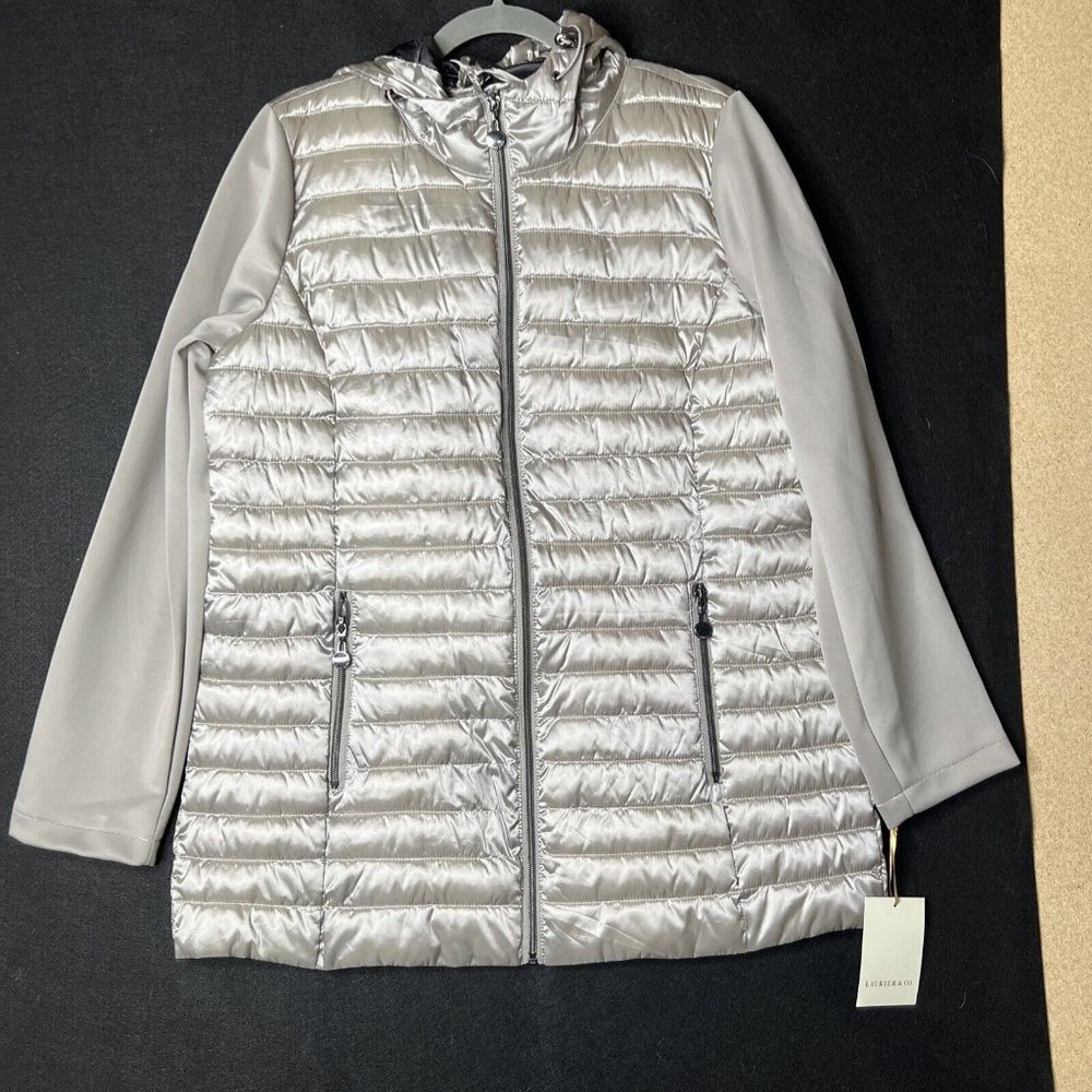 Laurier & Co Womens Gray Full Zip Hooded Soft Shell Sleeve Quilt Puffer Jacket M
